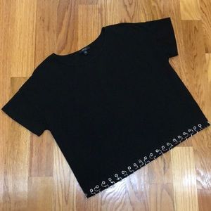 Very J Black Boxy T-Shirt Embellished Pierced Hem